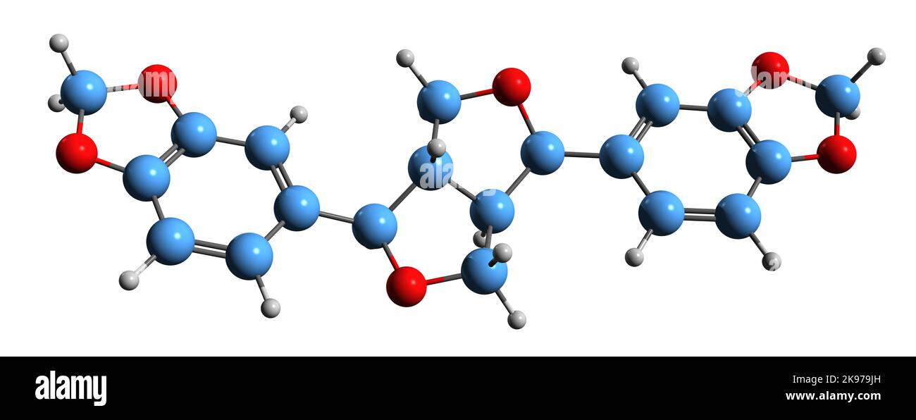 3D immagine di Sesamin formula scheletrica - struttura chimica molecolare dell'olio di sesamo lignan isolato su sfondo bianco Foto Stock