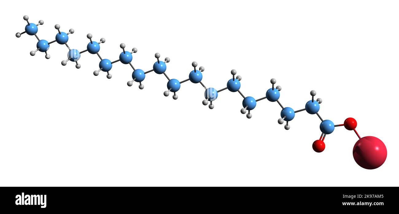 3D immagine di sodio stearato formula scheletrica - struttura chimica molecolare del tensioattivo sodio ottadecanoato isolato su sfondo bianco Foto Stock