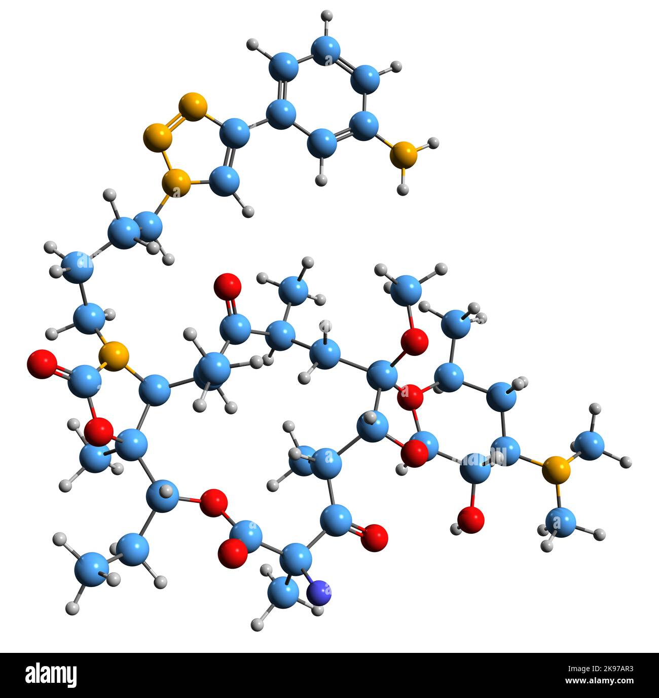 3D immagine di Solitromicina formula scheletrica - struttura chimica molecolare di ketolide antibiotico isolato su sfondo bianco Foto Stock