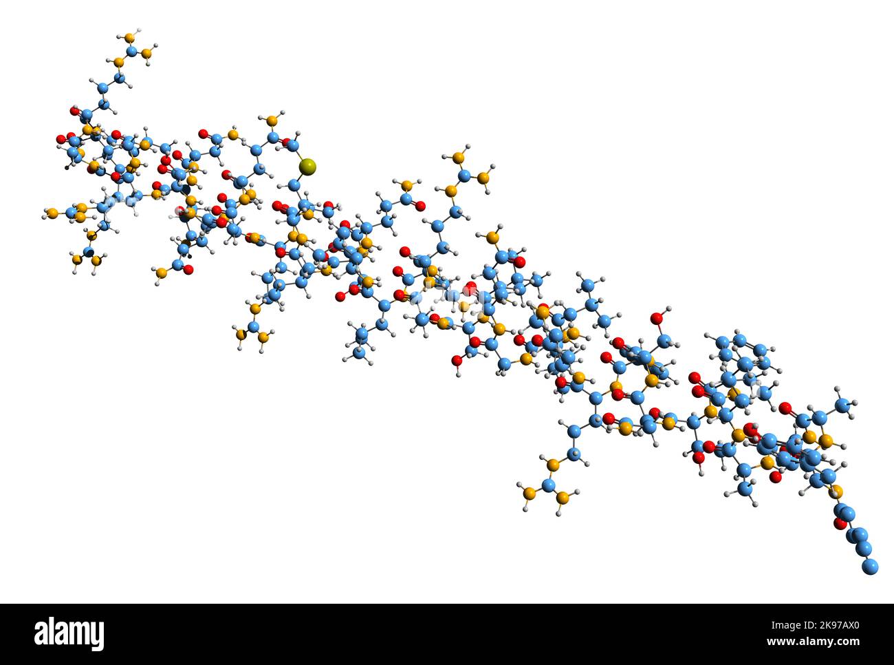 3D immagine di Somatoliberin formula scheletrica - struttura chimica molecolare dell'ormone di rilascio dell'ormone della crescita isolato su sfondo bianco Foto Stock