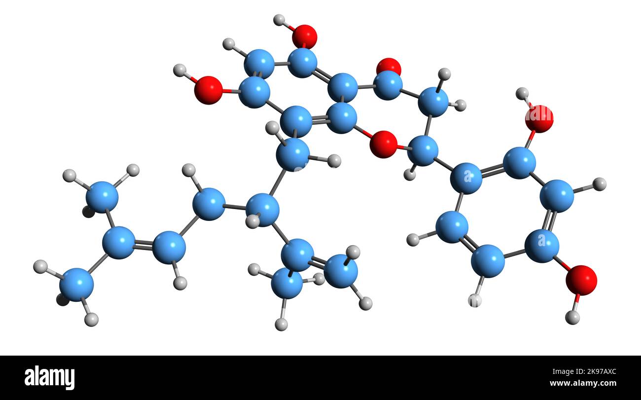 3D immagine di Sophoraflavanone G formula scheletrica - struttura chimica molecolare del fitoncino volatile isolato su sfondo bianco Foto Stock