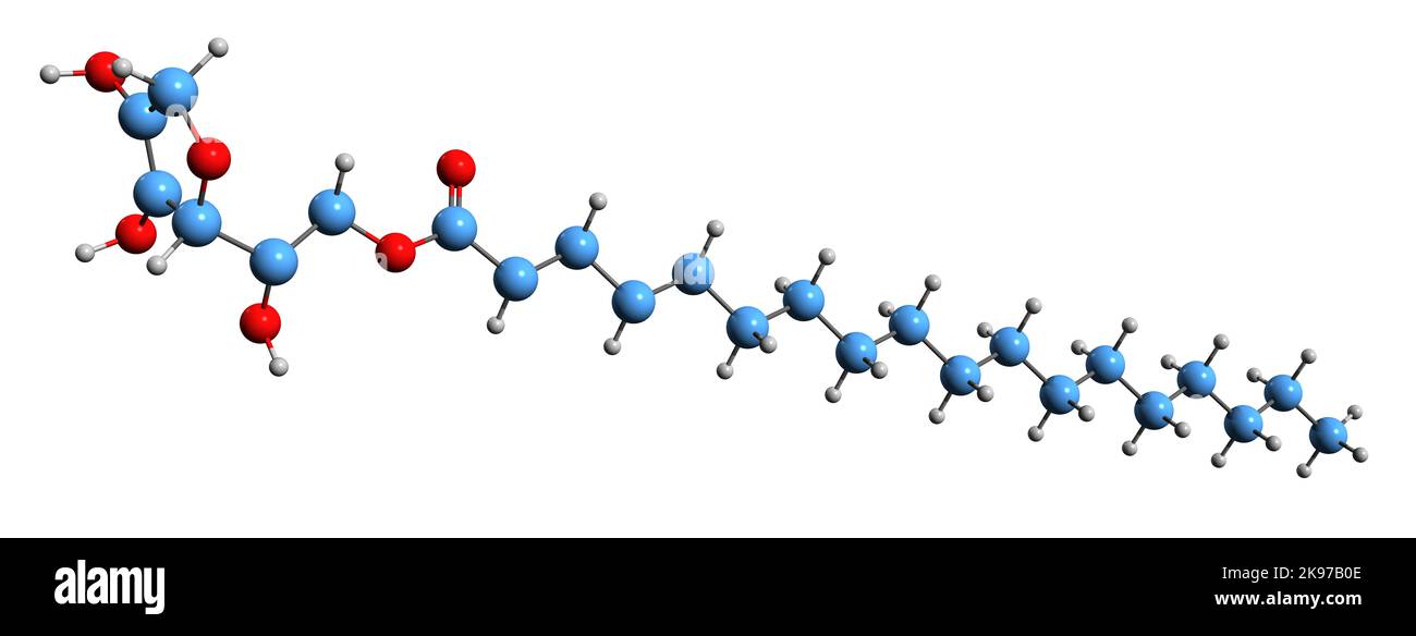 3D immagine di sorbitan monostearato formula scheletrica - struttura chimica molecolare di tensioattivo non ionico Е491 isolato su sfondo bianco Foto Stock
