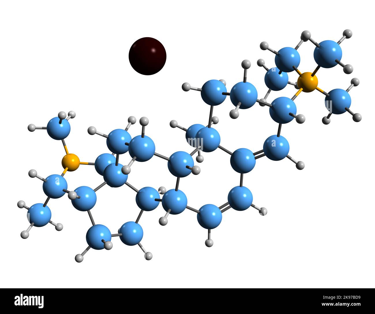 3D immagine dello stercuronio ioduro formula scheletrica - struttura chimica molecolare dell'agente bloccante neuromuscolare degli aminosteroidi isolato su fondo bianco Foto Stock