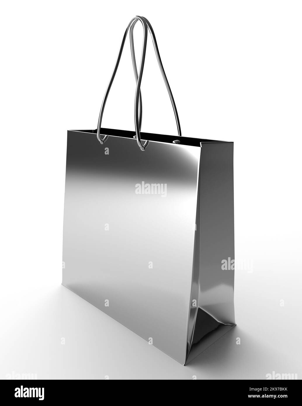 Una rappresentazione 3D di una borsa per la spesa in argento con carta da imballaggio rosa Foto Stock