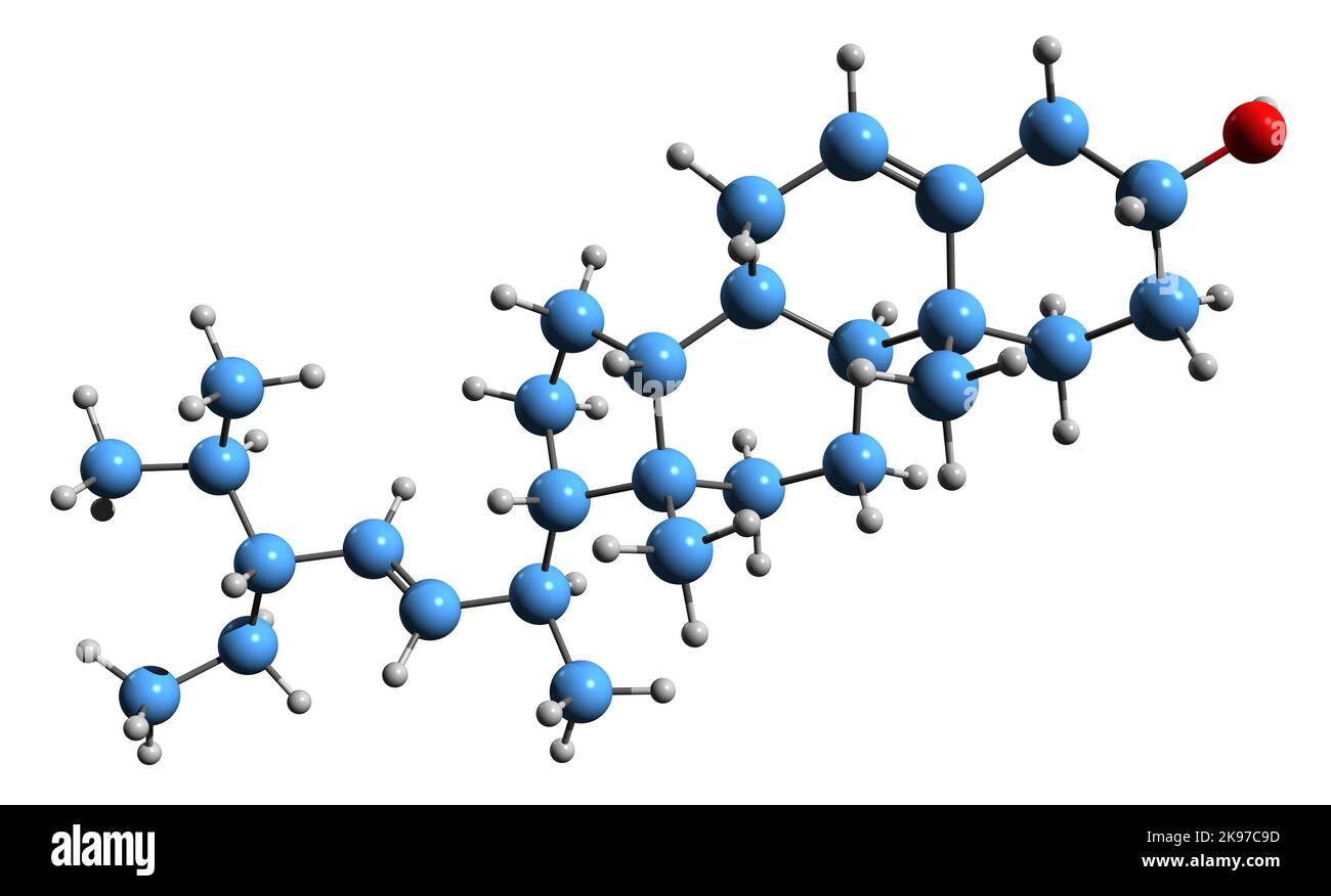 3D immagine della formula scheletrica dello stigmasterolo - struttura chimica molecolare dello sterolo vegetale isolato su sfondo bianco Foto Stock