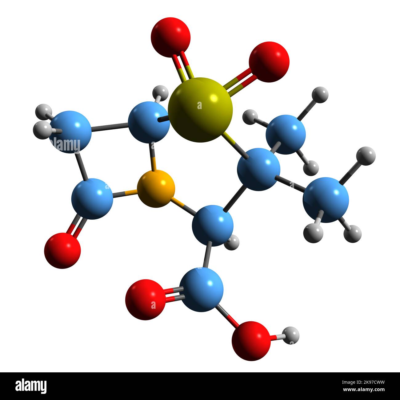 3D immagine della formula scheletrica del sulbactam - struttura chimica molecolare dell'inibitore della beta-lattamasi isolato su sfondo bianco Foto Stock