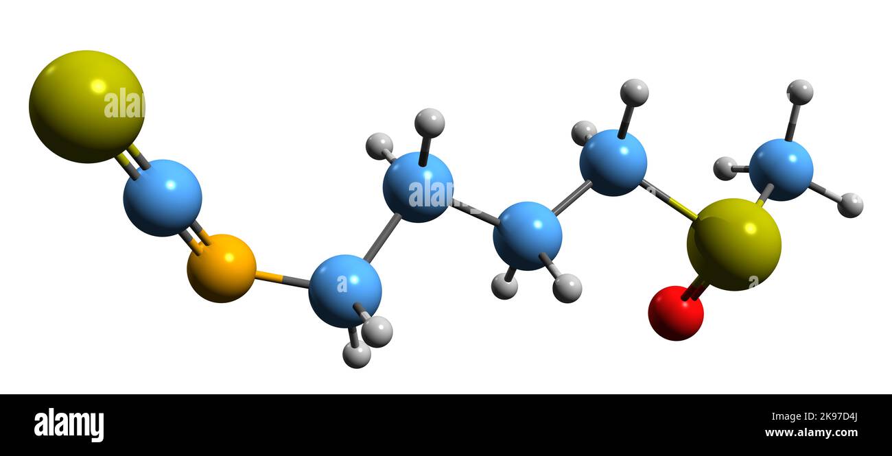 3D immagine della formula scheletrica del sulforafano - struttura chimica molecolare del composto organosolfo isolato su sfondo bianco Foto Stock