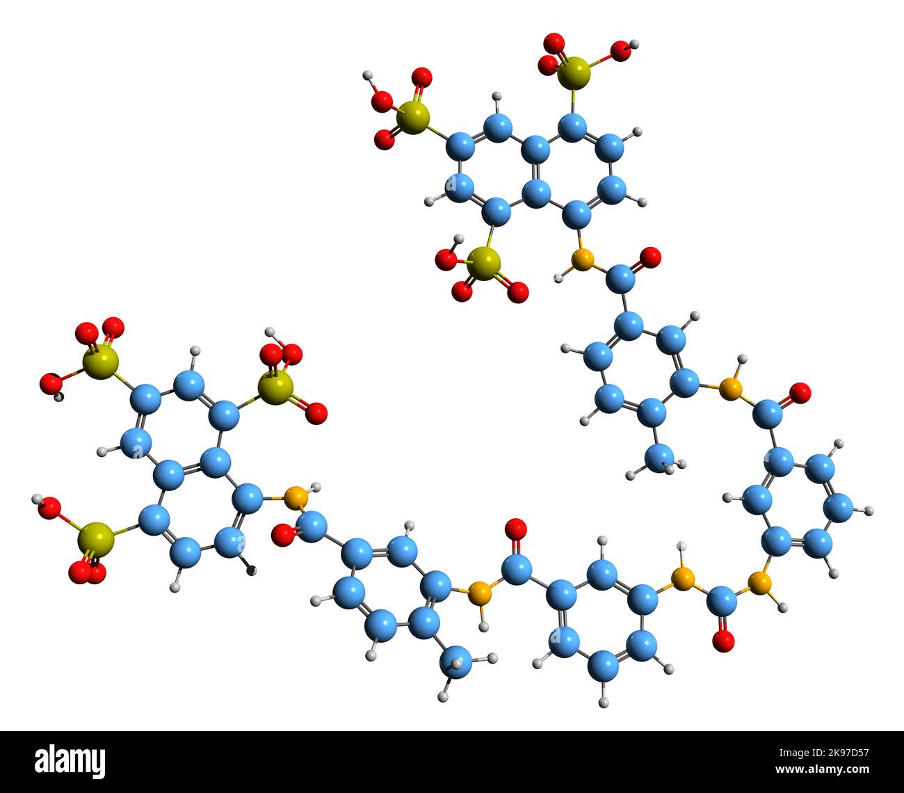 3D immagine della formula scheletrica della suramina - struttura chimica molecolare del farmaco africano della malattia del sonno isolato su sfondo bianco Foto Stock