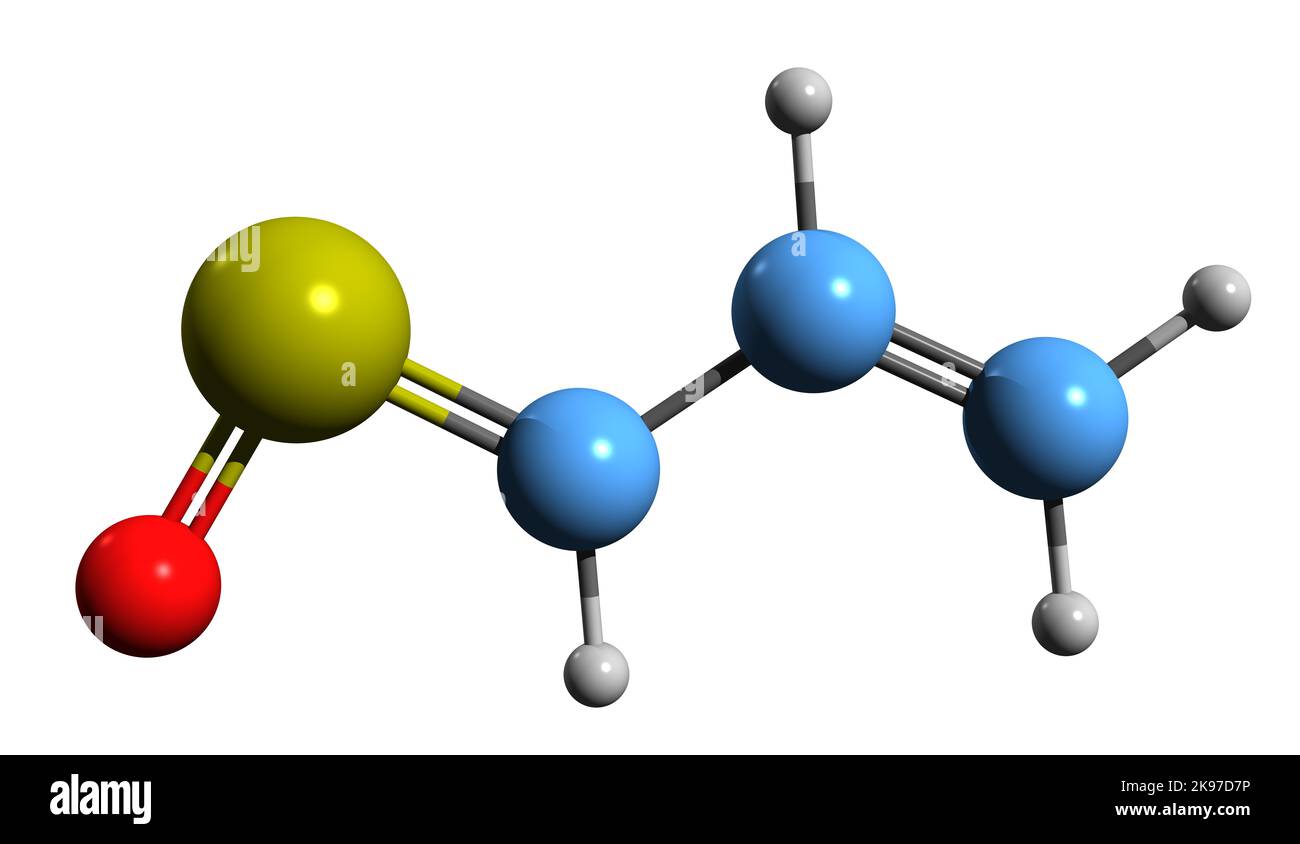 3D immagine di formula scheletrica SYN-Propanetial-S-Oxide - struttura chimica molecolare dell'agente lacrimogeno - composto organosolfo isolato su bianco Foto Stock