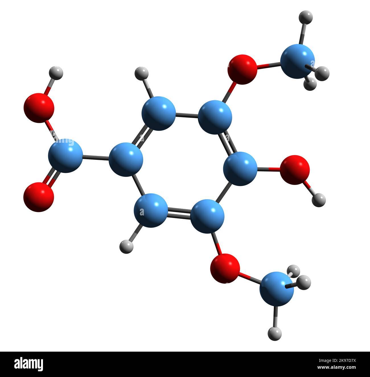 3D immagine della formula scheletrica dell'acido siringico - struttura chimica molecolare del metabolita vegetale isolato su sfondo bianco Foto Stock