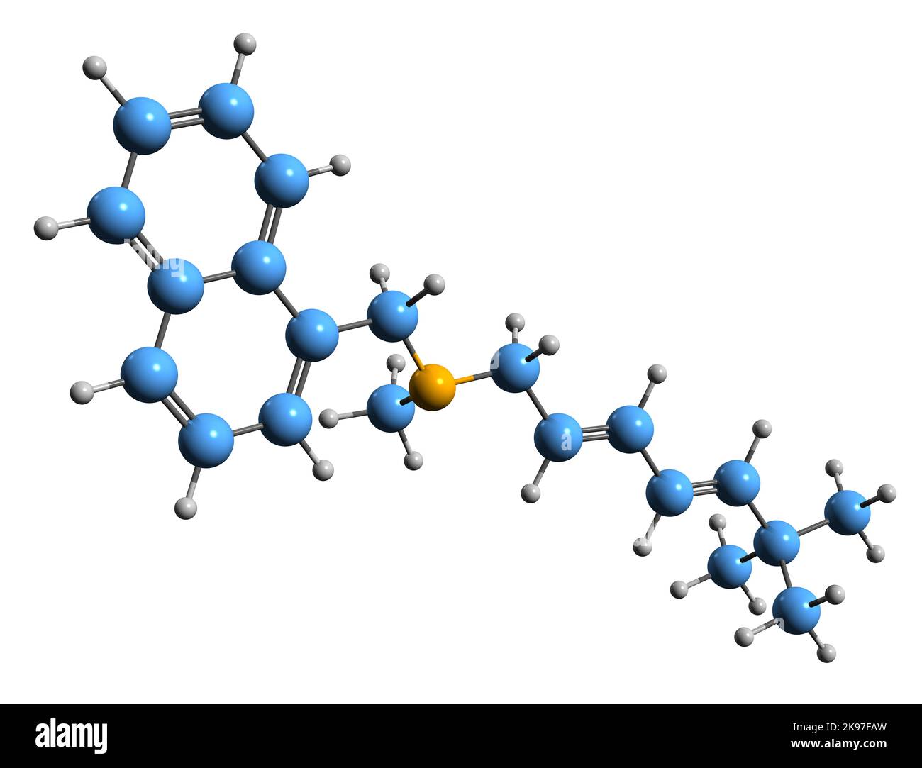 3D immagine della formula scheletrica di Terbinafine - struttura chimica molecolare del farmaco antifungino isolato su sfondo bianco Foto Stock