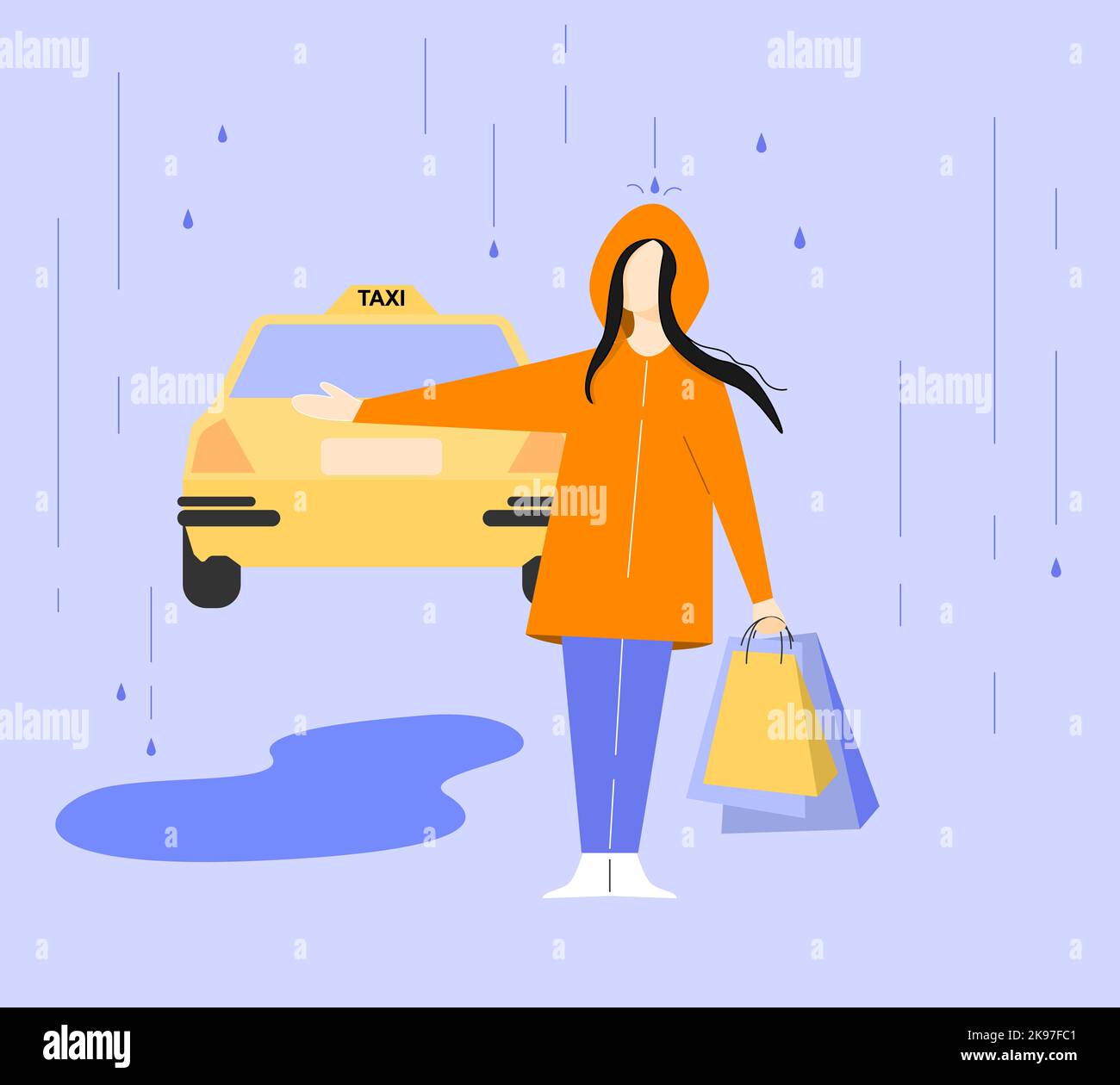 ragazza in un impermeabile sta salutando un taxi in un giorno di pioggia, con la mano piena di borse. Foto Stock