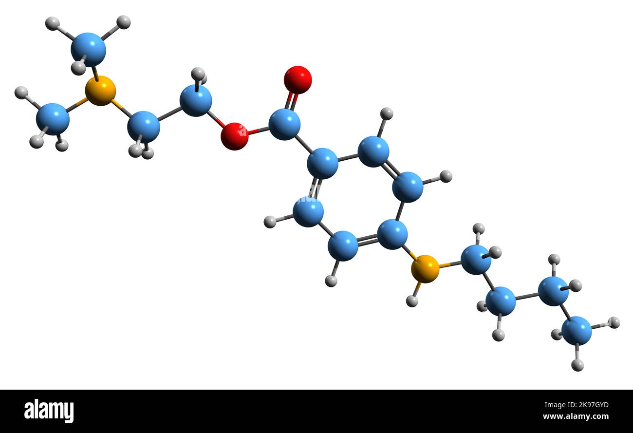 3D immagine della formula scheletrica della tetracaina - struttura chimica molecolare dell'ametocaina anestetica locale isolata su sfondo bianco Foto Stock