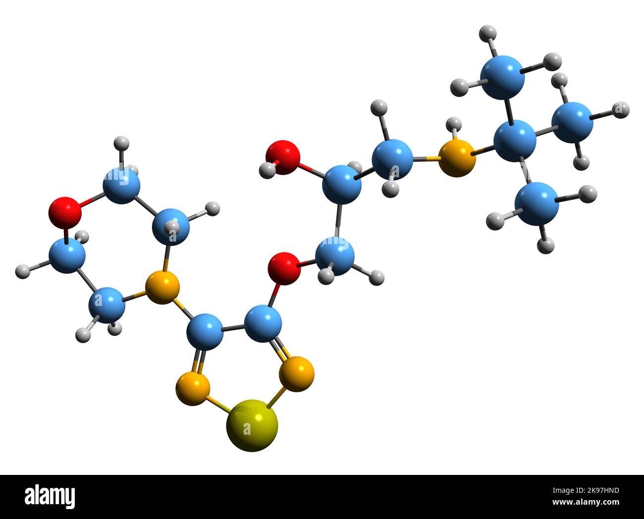 3D immagine della formula scheletrica di Timolol - struttura chimica molecolare del farmaco beta-bloccante isolato su sfondo bianco Foto Stock