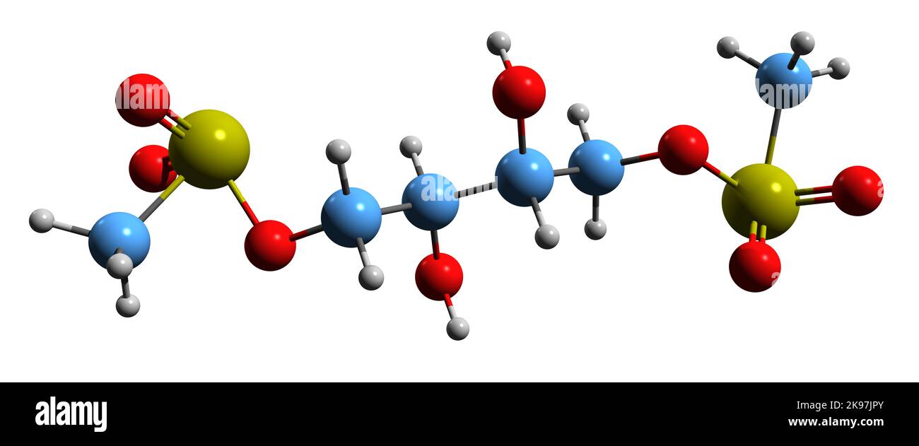 3D immagine di Treosulfan formula scheletrica - struttura chimica molecolare del farmaco agente alchilante Butanetetrolo isolato su sfondo bianco Foto Stock