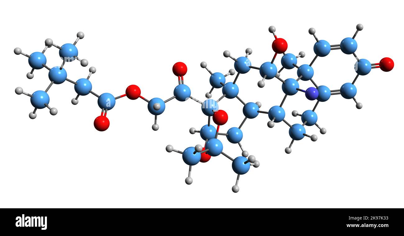 3D immagine di Triamcinolone esacetonide formula scheletrica - struttura chimica molecolare del corticosteroide glucocorticoide sintetico isolato su ba bianca Foto Stock