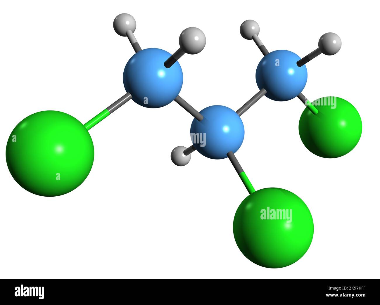 3D immagine della formula scheletrica di Trichloropropano - struttura chimica molecolare del composto organico TCP isolato su sfondo bianco Foto Stock