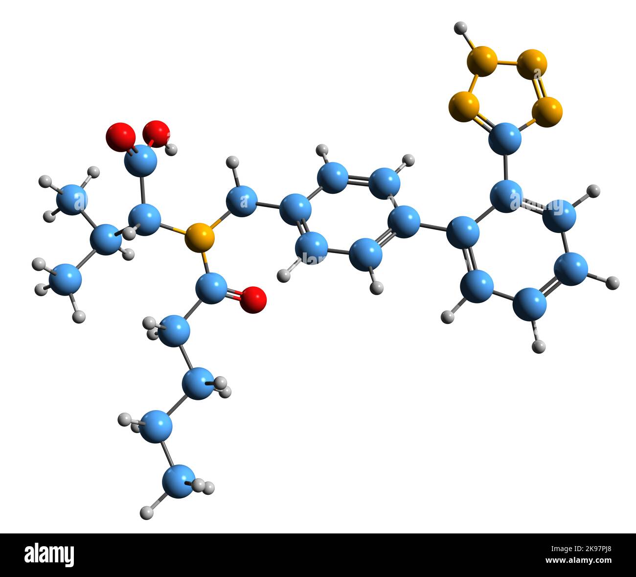 3D immagine della formula scheletrica di Valsartan - struttura chimica molecolare del farmaco ad alta pressione sanguigna isolato su sfondo bianco Foto Stock