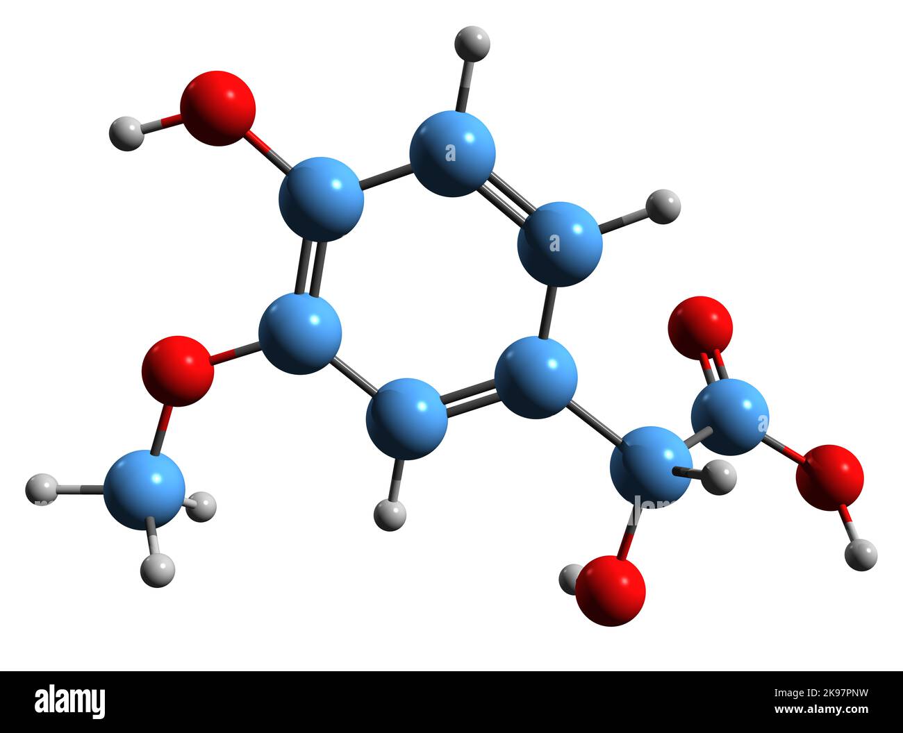 3D immagine della formula scheletrica dell'acido Vanillilmandelico - struttura chimica molecolare dell'intermedio chimico dell'acido Vanilmandelico VMA isolato su bianco b Foto Stock