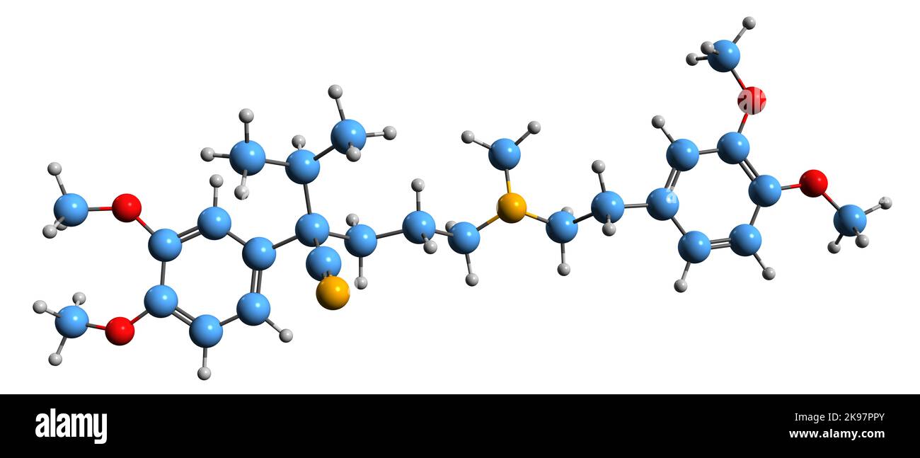 3D immagine di Verapamil formula scheletrica - struttura chimica molecolare del farmaco calcio antagonista isolato su sfondo bianco Foto Stock