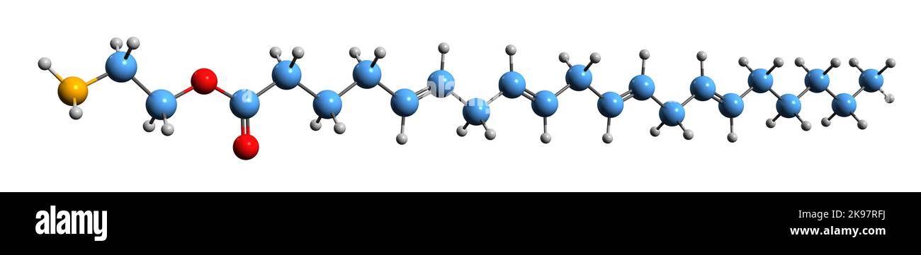 3D immagine di Virodhamina formula scheletrica - struttura chimica molecolare di o-arachidonoil etanolammina isolata su sfondo bianco Foto Stock