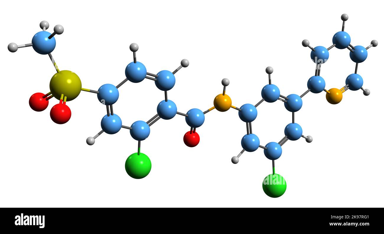 3D immagine di Vismodegib formula scheletrica - struttura chimica molecolare di farmaco anti-cancro isolato su sfondo bianco Foto Stock