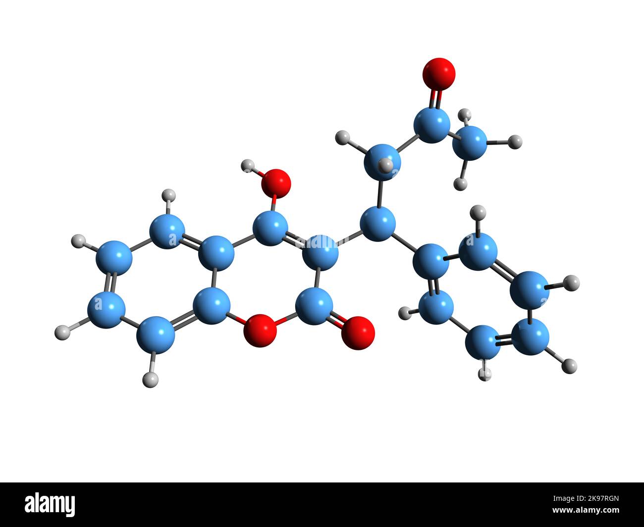3D immagine di Warfarin formula scheletrica - struttura chimica molecolare di farmaco anticoagulante isolato su sfondo bianco Foto Stock