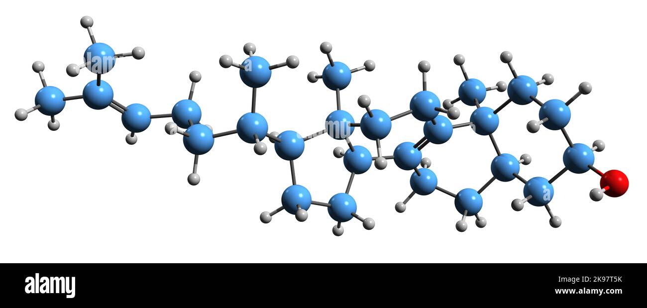 3D immagine della formula scheletrica di Zimosterolo - struttura chimica molecolare dell'intermedio nella biosintesi del colesterolo isolato su sfondo bianco Foto Stock