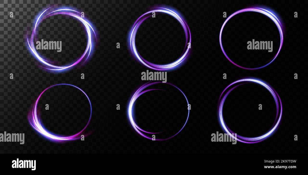Set di anelli luminosi al neon. Effetto vorticoso. Curva blu, viola, effetto luce linea oro. Sfondo scuro astratto, anelli con scintillanti panorami Illustrazione Vettoriale