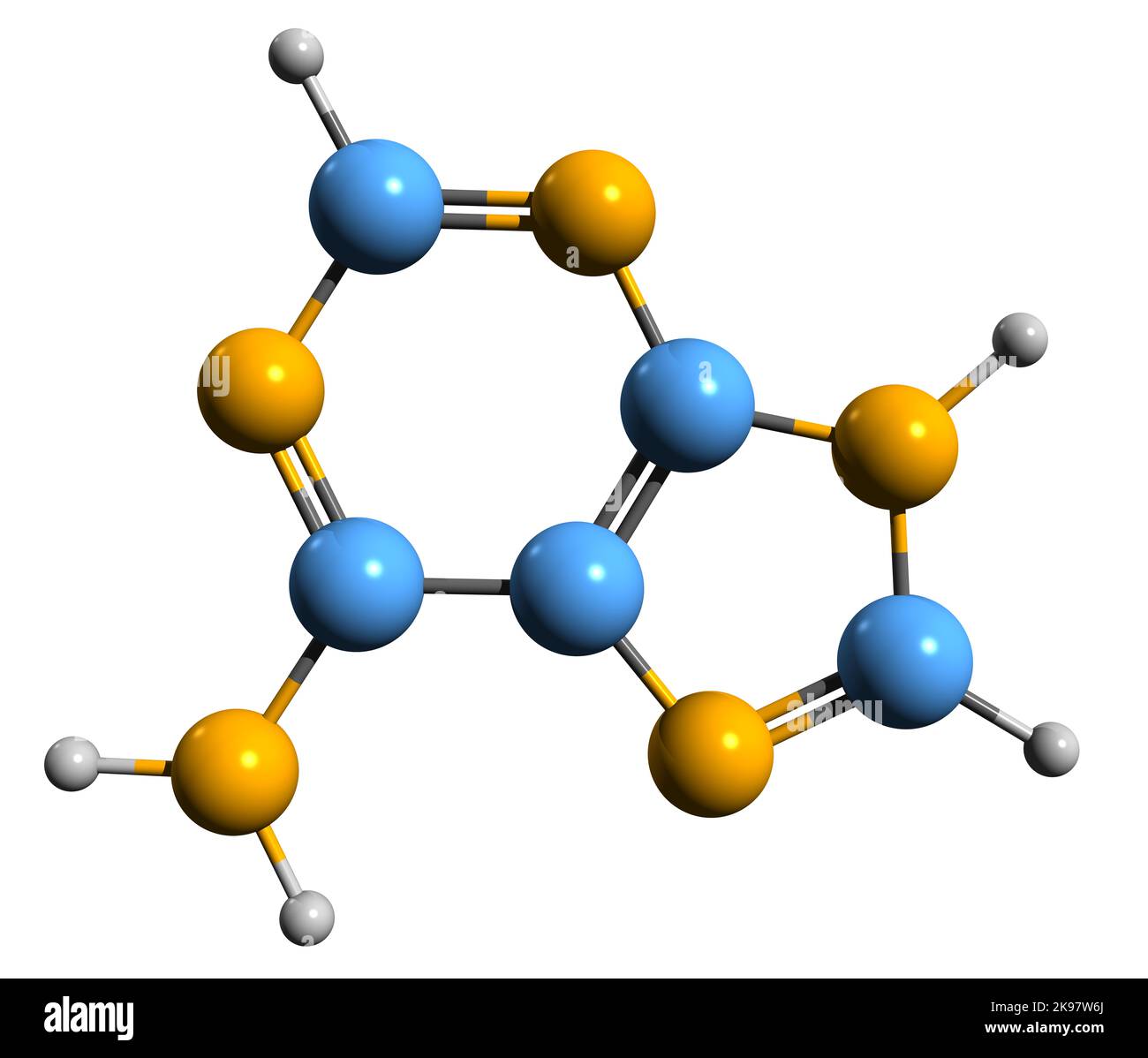 3D immagine della formula scheletrica dell'adenina - struttura chimica molecolare della nucleobasi 6-amminopurina isolata su sfondo bianco Foto Stock