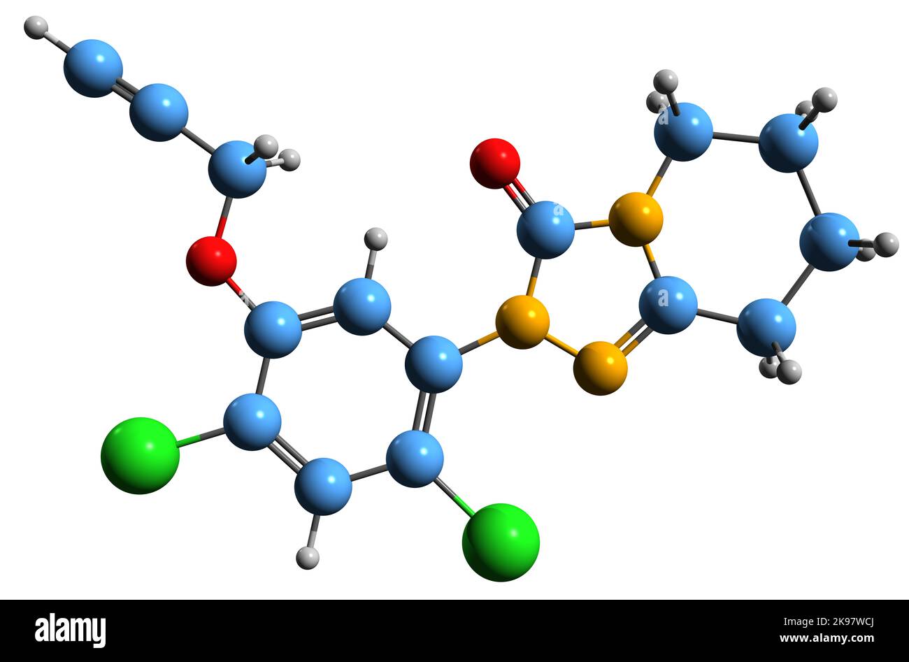 3D immagine di Azafenidina formula scheletrica - struttura chimica molecolare dell'erbicida triazolico isolato su sfondo bianco Foto Stock