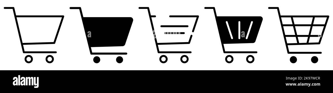Set di icone del carrello. Carrello della spesa in contorno e icone piatte. Progettazione di app Web e mobile. Illustrazione Vettoriale