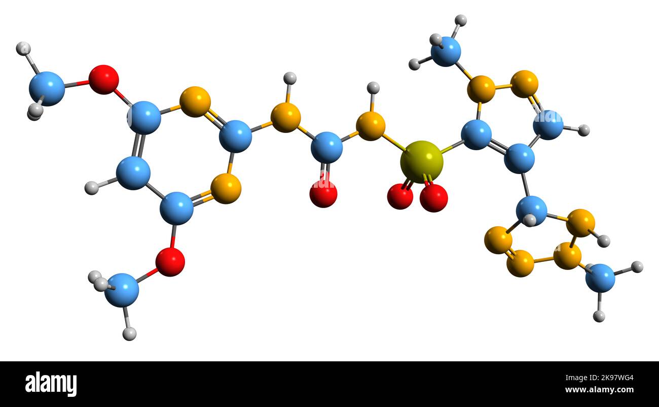 3D immagine di azimsulfuron formula scheletrica - struttura chimica molecolare di erbicida isolato su sfondo bianco Foto Stock