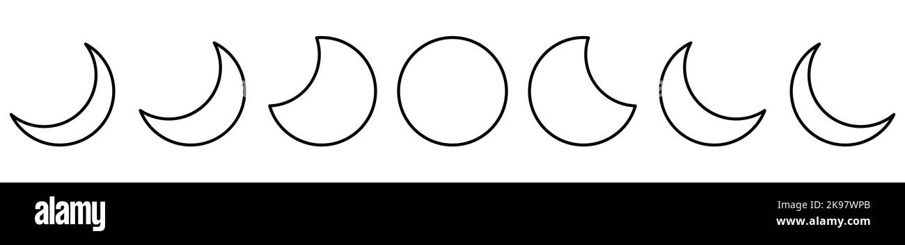 Set di icone linea lunare. Icone di astronomia delle fasi lunari. Vettore isolato su sfondo bianco Illustrazione Vettoriale