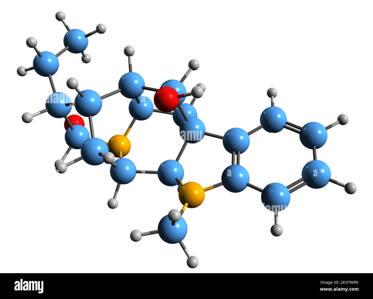 3D immagine della formula scheletrica di Ajmaline - struttura chimica molecolare dell'agente antiaritmico alcaloide isolato su sfondo bianco Foto Stock
