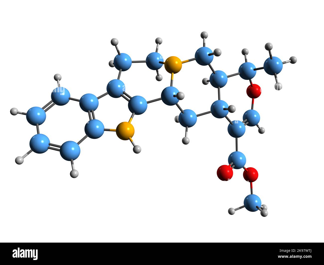 3D immagine di Ajmalicina formula scheletrica - struttura chimica molecolare del farmaco antipertensivo raubasina isolato su sfondo bianco Foto Stock