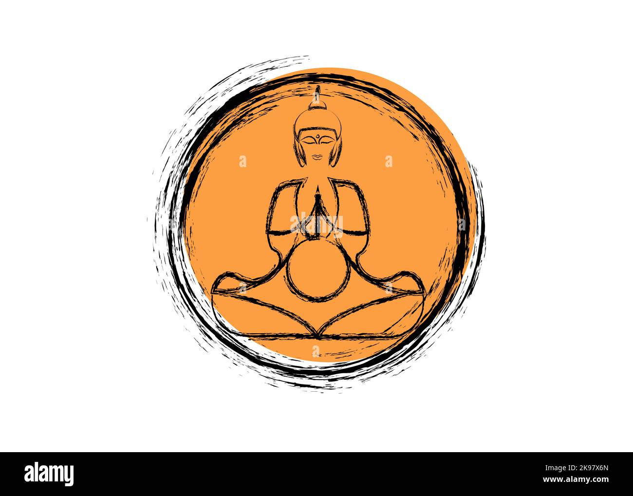 Buddha in meditazione, Arancio Enso Zen cerchio di Illuminismo, simbolo e meditazione Buddha silhouette concetto, Buddismo, Giappone, vettore isolato Illustrazione Vettoriale