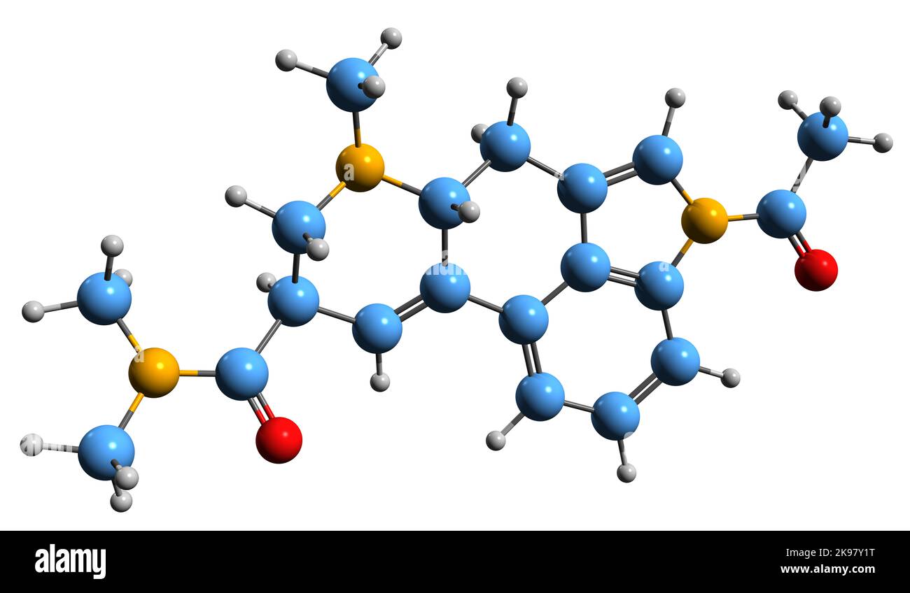3D immagine di ALD-52 formula scheletrica - struttura chimica molecolare di 1-acetil-LSD psichedelico isolato su sfondo bianco Foto Stock