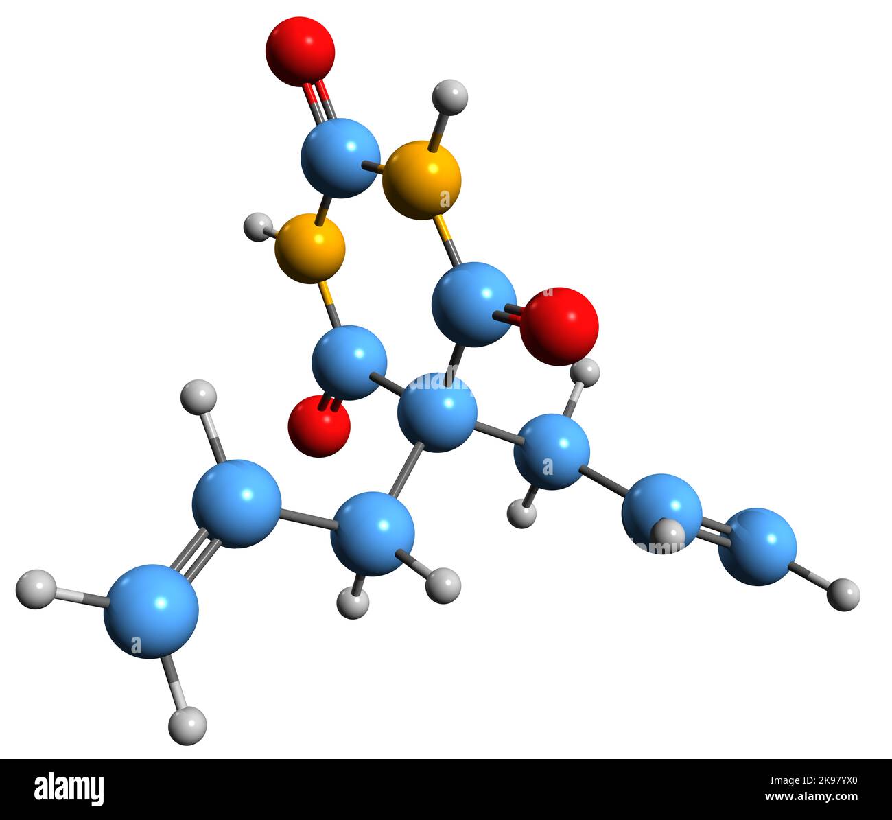 3D immagine della formula scheletrica allobarbitale - struttura chimica molecolare dell'allobarbitone isolato su sfondo bianco Foto Stock