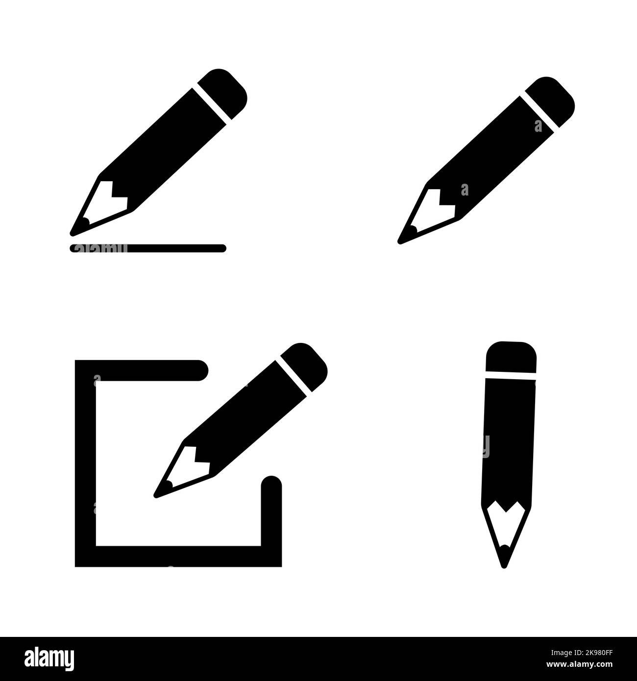 Modifica icona impostata in stile piatto. Simboli a forma di matita isolati su sfondo bianco. Semplici icone astratte di disegno in nero. Illustrazione vettoriale per grafici Illustrazione Vettoriale