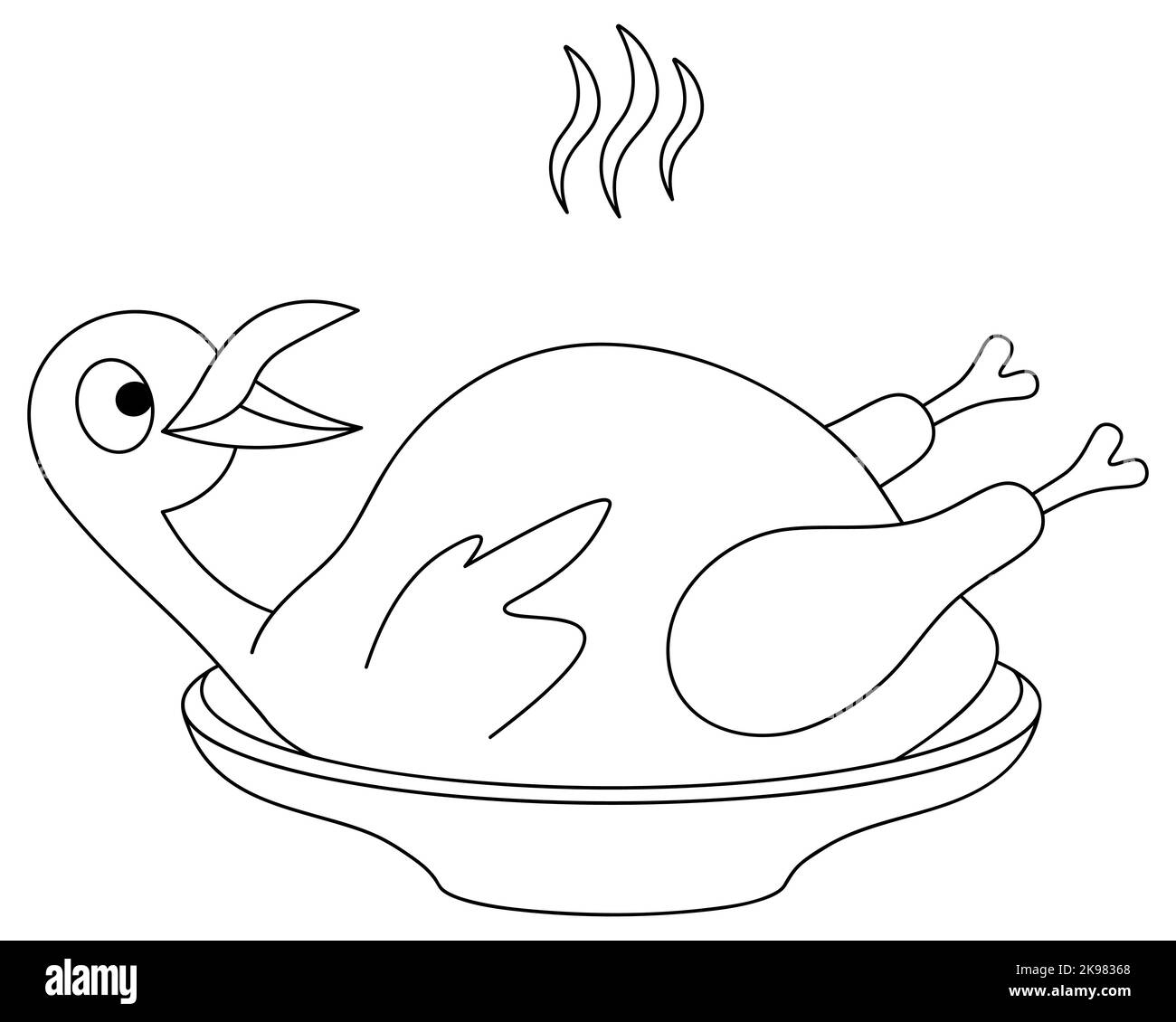 tacchino arrosto. Carcassa di uccello con testa. Illustrazione vettoriale. Contorno su sfondo bianco isolato. Stile Doodle. Schizzo. Simbolo del giorno del Ringraziamento. Illustrazione Vettoriale