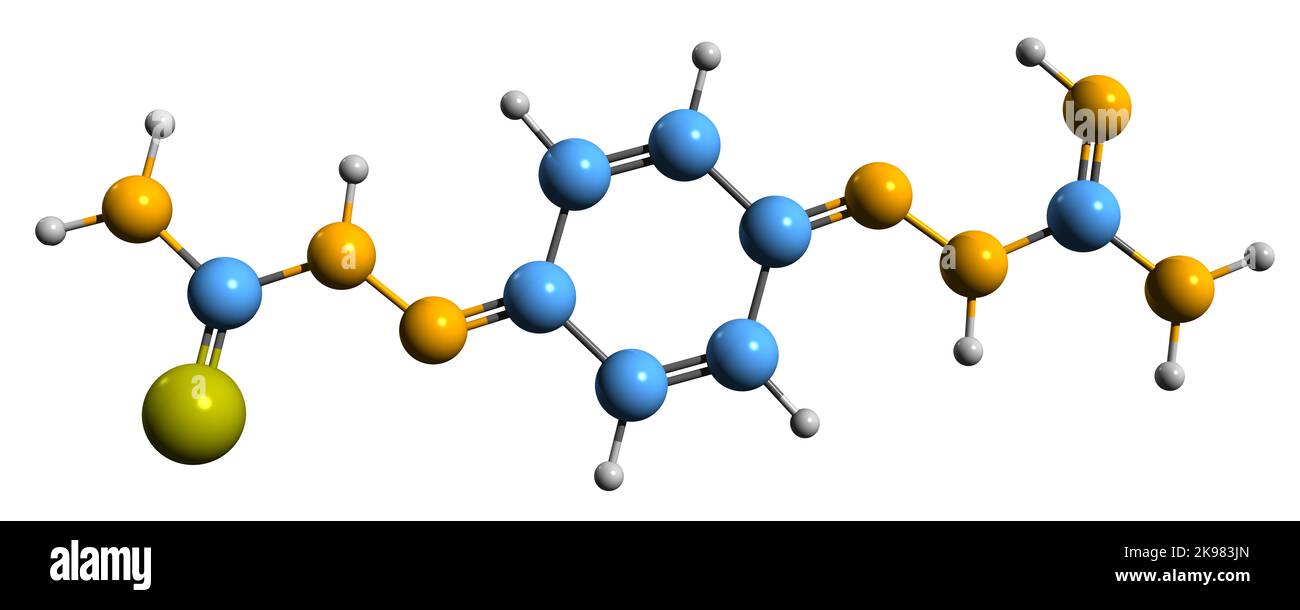 3D immagine di Ambazone formula scheletrica - struttura chimica molecolare dell'antisettico orale isolato su sfondo bianco Foto Stock