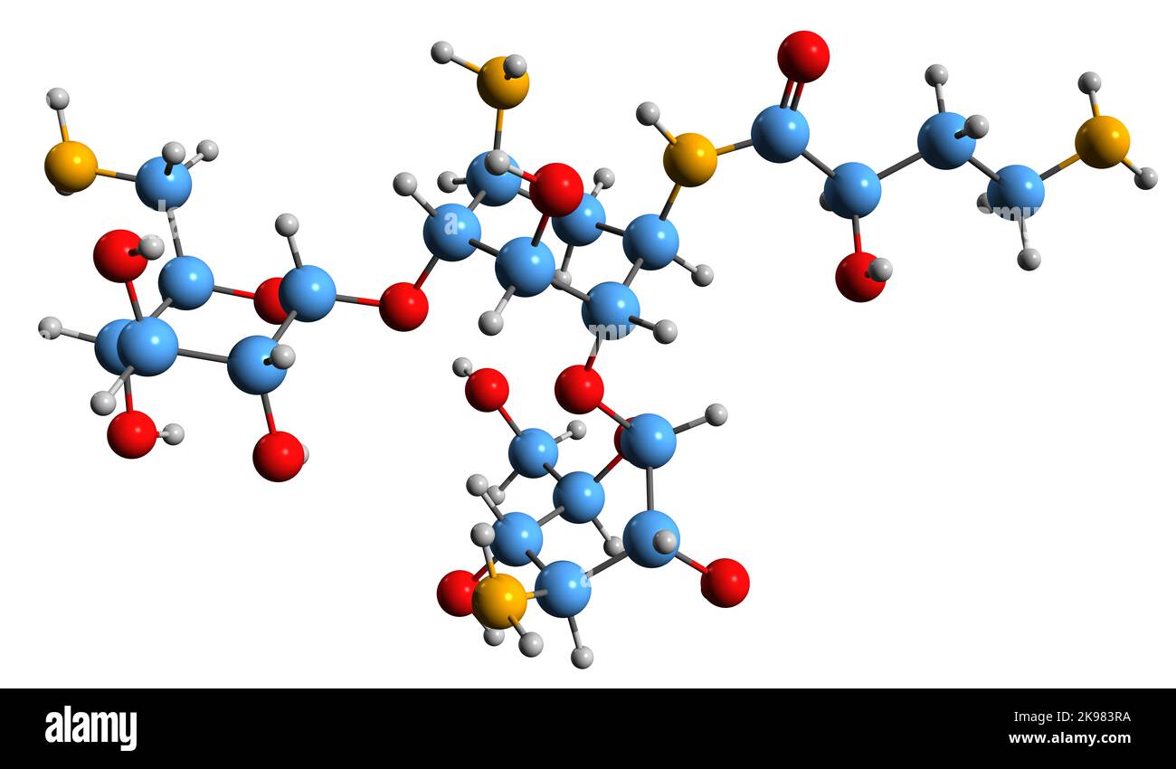 3D immagine della formula scheletrica di Amikacina - struttura chimica molecolare del farmaco antibiotico isolato su sfondo bianco Foto Stock