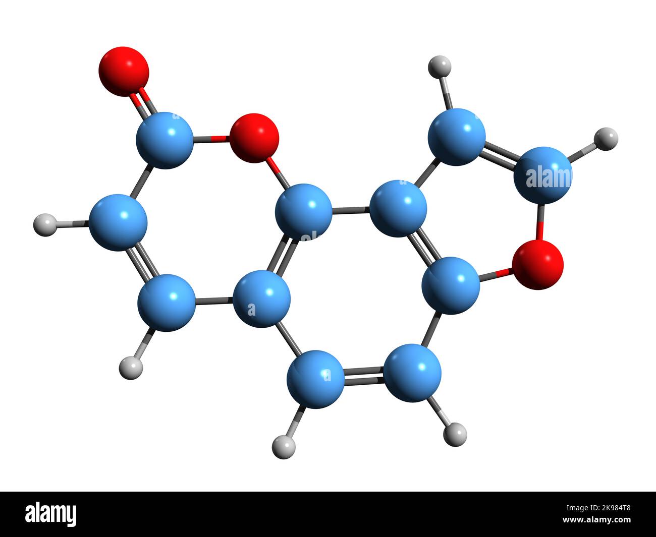 3D immagine di Angelicin formula scheletrica - struttura chimica molecolare del furanocoumare isolato su sfondo bianco Foto Stock