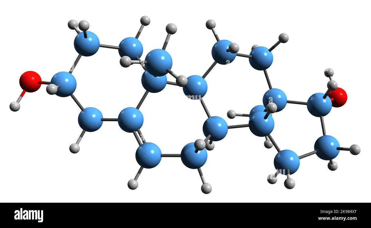 3D immagine di Androstenediol formula scheletrica - struttura chimica molecolare di androgeni deboli e ormone steroideo estrogeno isolato su sfondo bianco Foto Stock