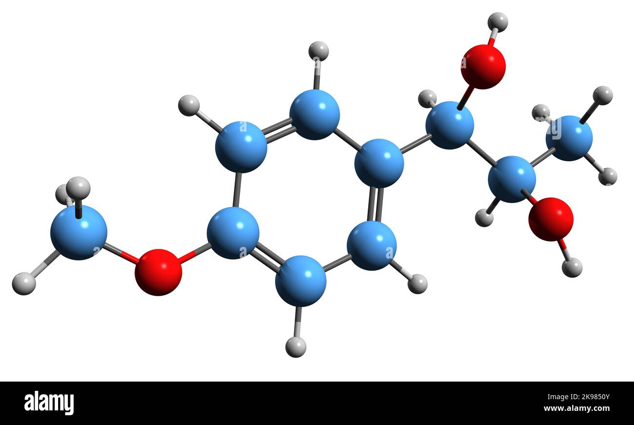 3D immagine della formula scheletrica dell'anetoglicolo - struttura chimica molecolare del componente dell'olio di canfora anice isolato su sfondo bianco Foto Stock