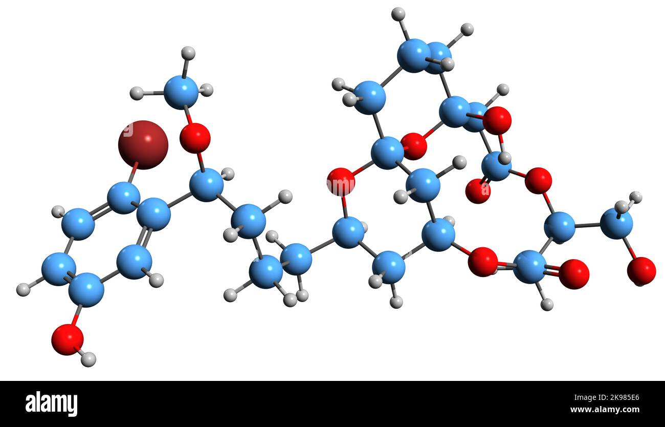 3D immagine di Aplysiatoxin formula scheletrica - struttura chimica molecolare della cianotossina isolata su sfondo bianco Foto Stock