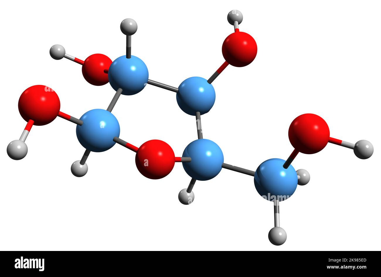 3D immagine di arabinosio formula scheletrica - struttura chimica molecolare di carboidrato aldopentosio isolato su sfondo bianco Foto Stock