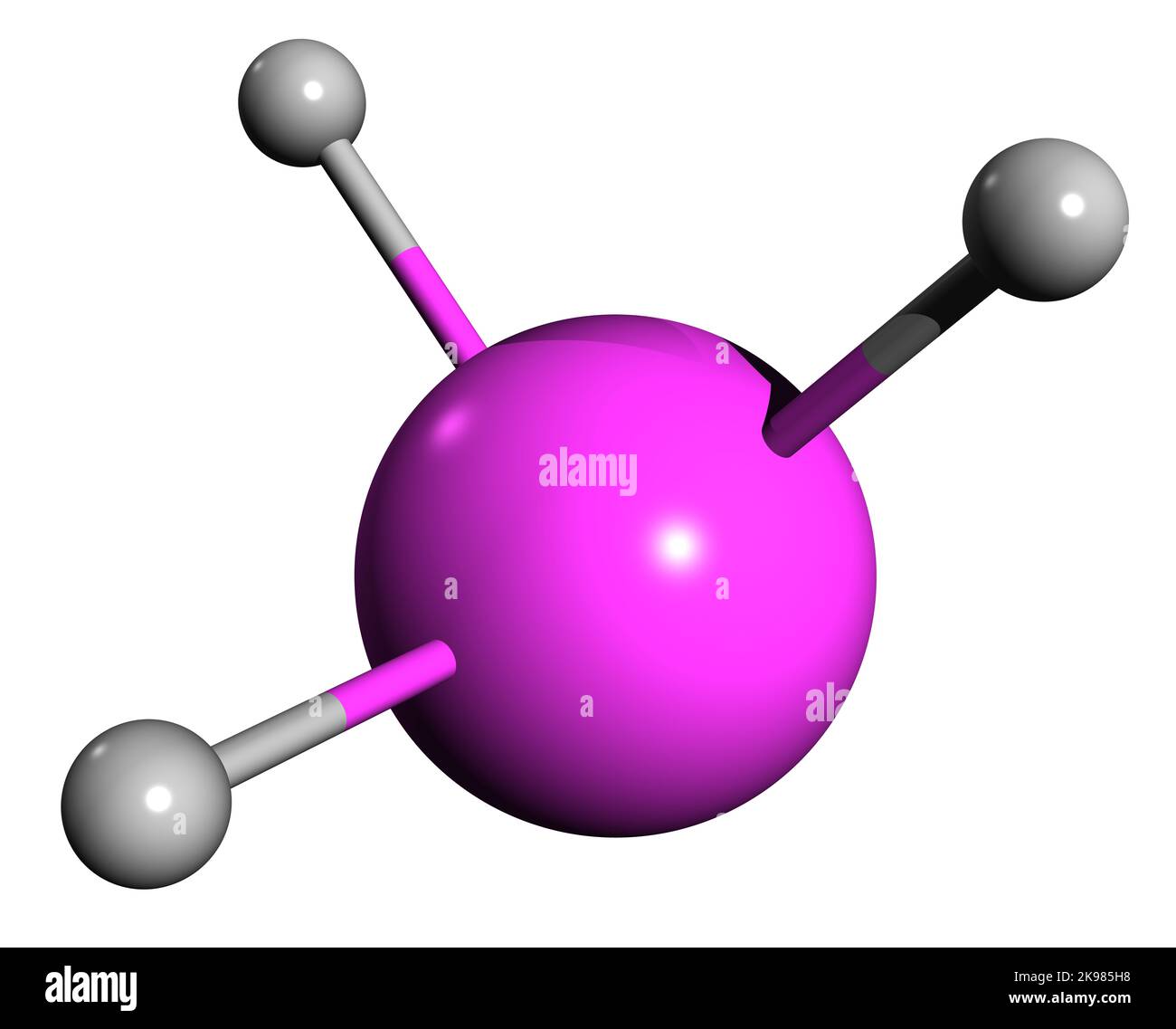 3D immagine della formula scheletrica dell'arsina - struttura chimica molecolare del triidruro arsenico isolato su sfondo bianco Foto Stock