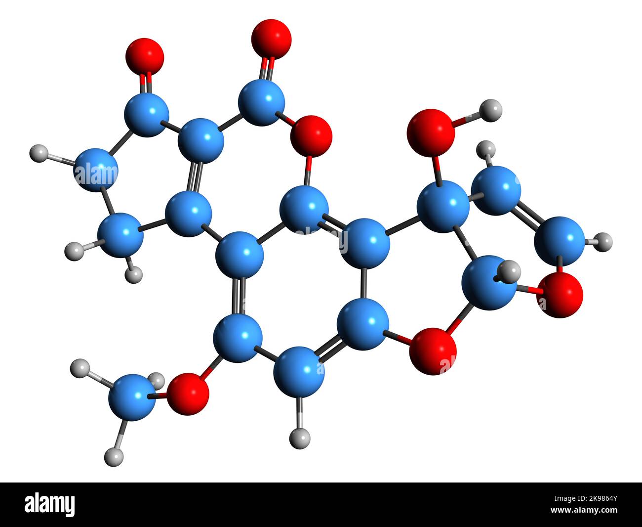 3D immagine di aflatossina M1 formula scheletrica - struttura chimica molecolare della micotossina cancerogena velenosa isolata su sfondo bianco Foto Stock
